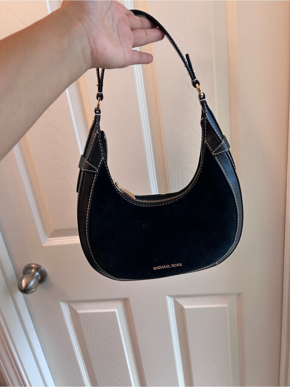 Michael Kors Black Suede Crescent Shoulder Bag with Gold Hardware